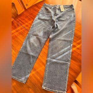 EXPRESS blue denim jeans w/ rhinestones on front side.  $98 brand new. SIZE 12.